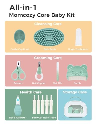 Momcozy Core Baby Kit, Baby Shower & Registry Essential Kit for Grooming&Health&Cleansing Care, Includes Nail File Kits, Nasal Aspirator, Gas Relief Tubes, Bath Brushes, Toothbrush, Comb, Storage Case