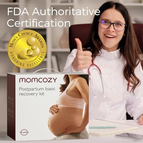 Momcozy Postpartum Recovery Essentials Kit, Labor Delivery Mom Care Kit, Self-Absorbent Disposable Underwear Nipple Nursing Pads Upside Down Peri Bottle Cold Pads Cooling Foam Canvas Bag Set