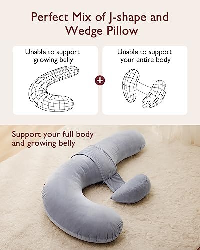 Momcozy Pregnancy Pillow, Original F Shaped Maternity Pillow for Pregnant Women with Adjustable Wedge Pillow, Full Body Support Pregnancy Pillows for Side Sleeping with Velvet Cover, Grey