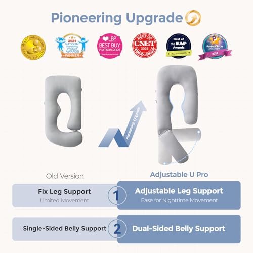 Momcozy Pregnancy Pillow with Cooling Cover, U Pro Pregnancy Body Pillow with Adjustable Leg Pillow - Support for Back, HIPS, Belly, Legs for Pregnant Women, 50-72 Inch Maternity Pillow, Grey