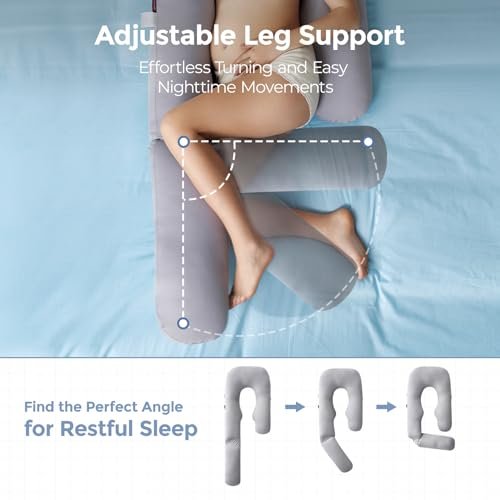 Momcozy Pregnancy Pillow with Cooling Cover, U Pro Pregnancy Body Pillow with Adjustable Leg Pillow - Support for Back, HIPS, Belly, Legs for Pregnant Women, 50-72 Inch Maternity Pillow, Grey