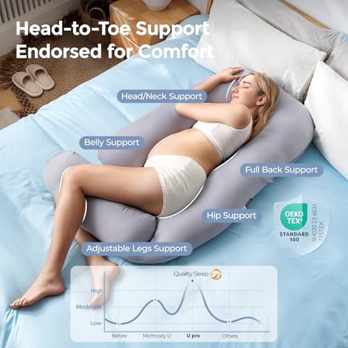 Momcozy Pregnancy Pillow with Cooling Cover, U Pro Pregnancy Body Pillow with Adjustable Leg Pillow - Support for Back, HIPS, Belly, Legs for Pregnant Women, 50-72 Inch Maternity Pillow, Grey