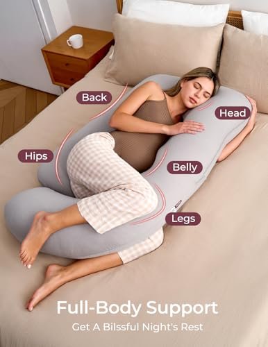 Momcozy Pregnancy Pillows for Sleeping, U Shaped Full Body Pillow for Pregnancy Women with Removable Jersey Cotton Cover, 57 Inch Maternity Pillow, Grey