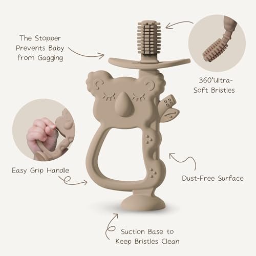 Moonkie Teething Toy, Safe & Easy to Hold BPA Free Silicone Teethers, 360° Baby Toothbrush with Suction Base, Teether Toys Best for Babies 6-12 Months (Koala Warm Taupe)