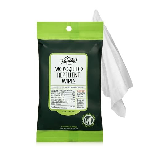 Murphy’s Naturals Mosquito Repellent Wipes, Plant-Based with Lemongrass & Rosemary Oil, Fast-Absorbing & Travel-Friendly, DEET-Free, 10 Wipes, 1-Pack