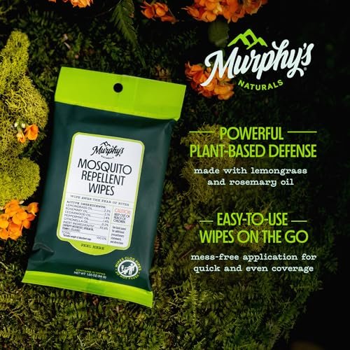 Murphy’s Naturals Mosquito Repellent Wipes, Plant-Based with Lemongrass & Rosemary Oil, Fast-Absorbing & Travel-Friendly, DEET-Free, 10 Wipes, 1-Pack