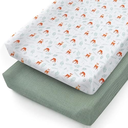 Muslin Changing Pad Cover for Baby Boy and Girl - Extra Soft 100% Cotton Diaper Changing Table Covers - 2 Pack Woodland and Sage Green Changing Pad Sheets