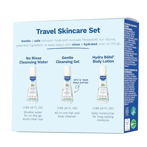 Mustela Travel Skinscare Set - Baby Skin Care & Bath Time Set - TSA-Approved - Natural & Plant-Based - Natural Avocado - 3 Items Set - Refillable & Reusable 1.69 Fl. Oz. Bottles