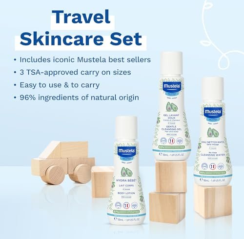 Mustela Travel Skinscare Set - Baby Skin Care & Bath Time Set - TSA-Approved - Natural & Plant-Based - Natural Avocado - 3 Items Set - Refillable & Reusable 1.69 Fl. Oz. Bottles
