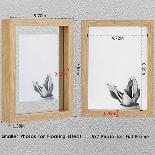 MUYE 5x7 Floating Frame Set of 2,Double Glass Rustic Photo Frame for Wall Hanging or Tabletop Standing,Also Display 4x6 or 3x5 Photo for Floating Effect,Natural