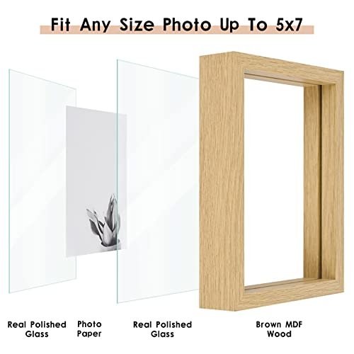 MUYE 5x7 Floating Frame Set of 2,Double Glass Rustic Photo Frame for Wall Hanging or Tabletop Standing,Also Display 4x6 or 3x5 Photo for Floating Effect,Natural