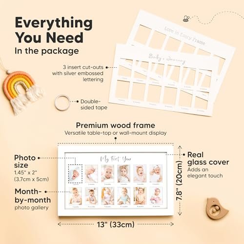 My First Year Photo Frame,12 Months Baby Picture Frame for Newborn Girl,Boy-Baby Shower Gifts Keepsakes,Monthly Baby's One Year Birthday Milestone,1st Nursery Photo Collage Display Board(Alpine White)