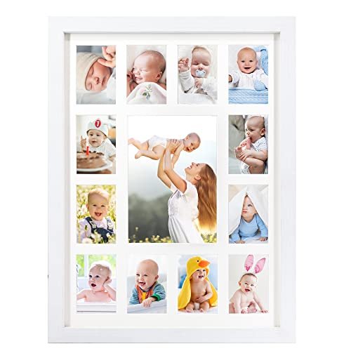My First Year Picture Frame, Baby's First Twelve Months Photo Collage and Gender Neutral Keepsake, Ideal for Baby Shower, New Mom Gift and Nursery Decort, Displays One 5x7 Photo and Twelve 2x3 Pictures