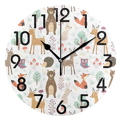Naanle Lovely Cute Cartoon Forest Animal Deer Fox Bear Owl Pattern Round Wall Clock Decorative, 9.5 Inch Battery Operated Quartz Analog Quiet Desk Clock for Home,Office,School