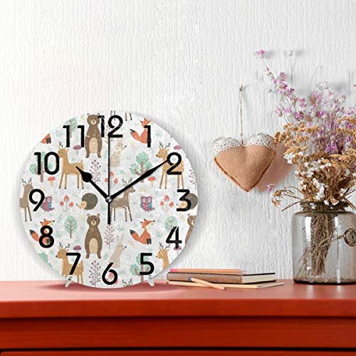 Naanle Lovely Cute Cartoon Forest Animal Deer Fox Bear Owl Pattern Round Wall Clock Decorative, 9.5 Inch Battery Operated Quartz Analog Quiet Desk Clock for Home,Office,School