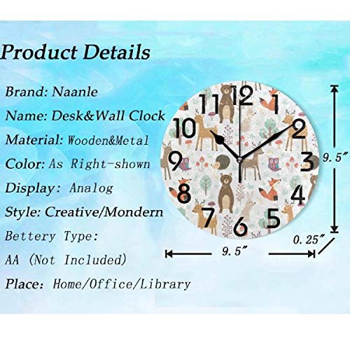 Naanle Lovely Cute Cartoon Forest Animal Deer Fox Bear Owl Pattern Round Wall Clock Decorative, 9.5 Inch Battery Operated Quartz Analog Quiet Desk Clock for Home,Office,School