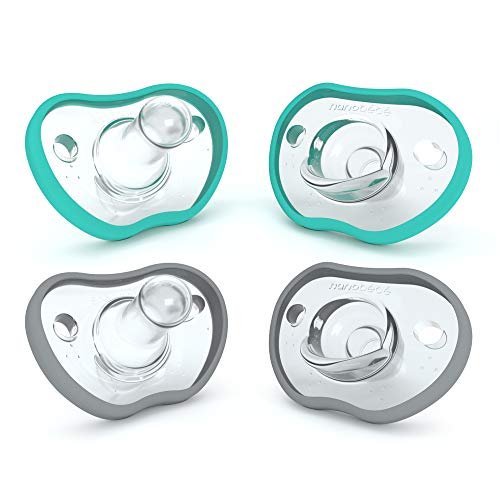Nanobebe Baby Pacifiers 0-3 Month - Orthodontic, Curves Comfortably with Face Contour, Award Winning for Breastfeeding Babies, 100% Silicone, Baby Registry Gift 4pk,Teal/Grey