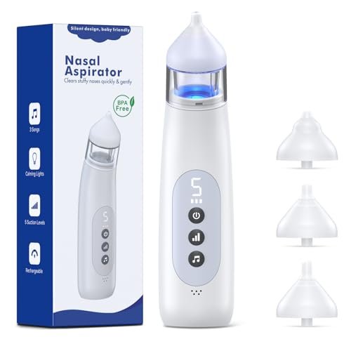 Nasal Aspirator for Baby, 5 Suction Levels Baby Nose Sucker, Music and Light Soothing Function Nose Sucker for Baby to Relieve Congestion, Best Baby Essentials