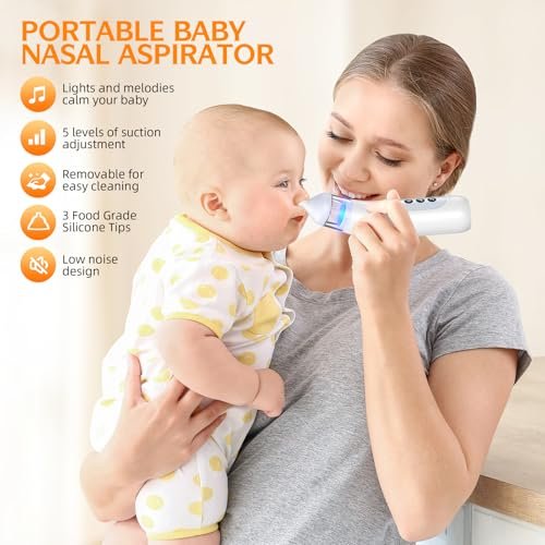 Nasal Aspirator for Baby, 5 Suction Levels Baby Nose Sucker, Music and Light Soothing Function Nose Sucker for Baby to Relieve Congestion, Best Baby Essentials
