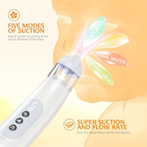 Nasal Aspirator for Baby, 5 Suction Levels Baby Nose Sucker, Music and Light Soothing Function Nose Sucker for Baby to Relieve Congestion, Best Baby Essentials