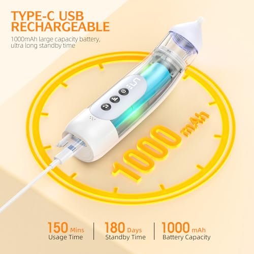 Nasal Aspirator for Baby, 5 Suction Levels Baby Nose Sucker, Music and Light Soothing Function Nose Sucker for Baby to Relieve Congestion, Best Baby Essentials