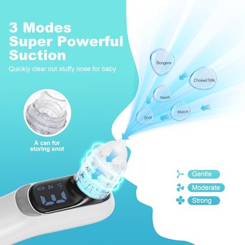 Nasal Aspirator for Baby, Electric Nasal Aspirator for Toddler & Baby, Rechargeable Baby Nose Sucker, with 3 Silicone Tips Baby Nasal Aspirator, Soothing Light & Music, 3 Suction Levels, White