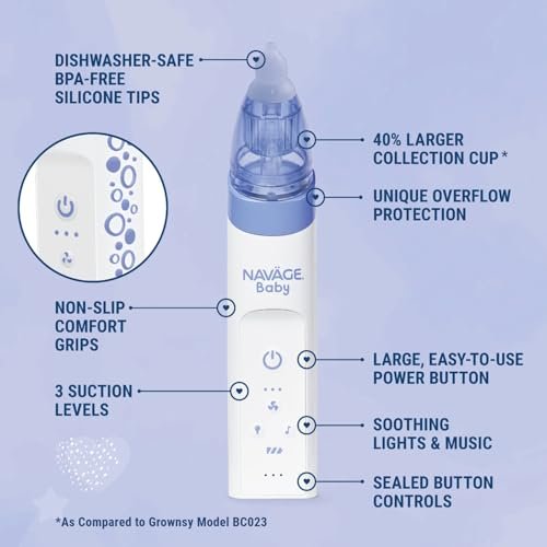 Navage Baby Nasal Aspirator - Gentle, Pediatrician Recommended Nasal Aspirator for Baby Congestion & Stuffy Noses - Baby Nose Sucker w/ Lights, Lullabies & BPA Free Silicone Tips