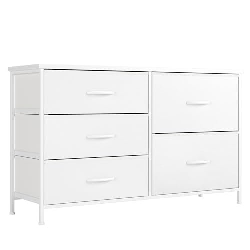 Nicehill White Dresser for Bedroom with 5 Drawers, Small Dresser for Kids' Bedroom, Closet, Wide Chest of Drawers with Fabric Storage Drawers, Wooden Top, Steel Frame, Modern, White