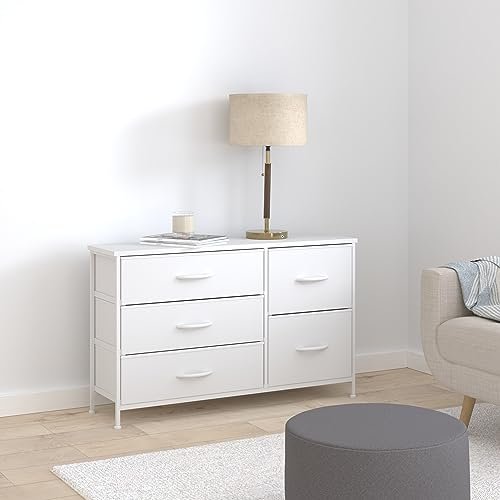 Nicehill White Dresser for Bedroom with 5 Drawers, Small Dresser for Kids' Bedroom, Closet, Wide Chest of Drawers with Fabric Storage Drawers, Wooden Top, Steel Frame, Modern, White