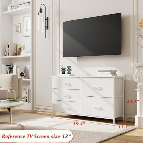 Nicehill White Dresser for Bedroom with 5 Drawers, Small Dresser for Kids' Bedroom, Closet, Wide Chest of Drawers with Fabric Storage Drawers, Wooden Top, Steel Frame, Modern, White
