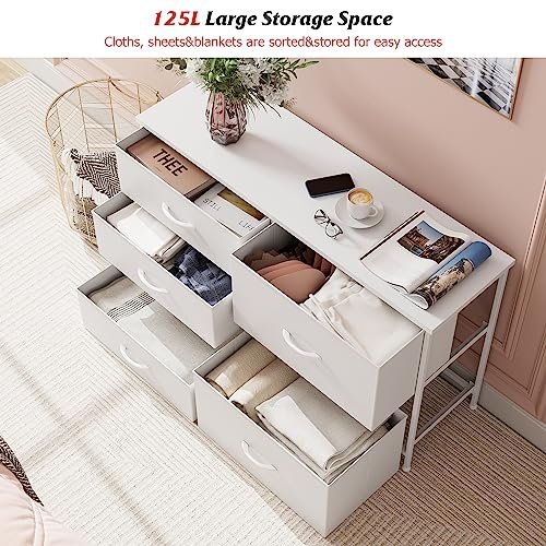 Nicehill White Dresser for Bedroom with 5 Drawers, Small Dresser for Kids' Bedroom, Closet, Wide Chest of Drawers with Fabric Storage Drawers, Wooden Top, Steel Frame, Modern, White