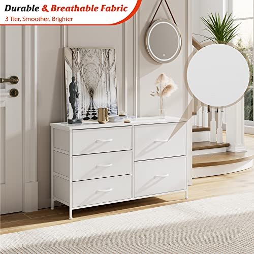Nicehill White Dresser for Bedroom with 5 Drawers, Small Dresser for Kids' Bedroom, Closet, Wide Chest of Drawers with Fabric Storage Drawers, Wooden Top, Steel Frame, Modern, White