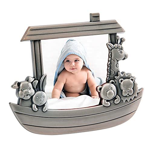 Noah's Ark Newborn Baby Photo Frame, 3"x3", Non-tarnish Brushed Pewter Finish, Gift Box Included