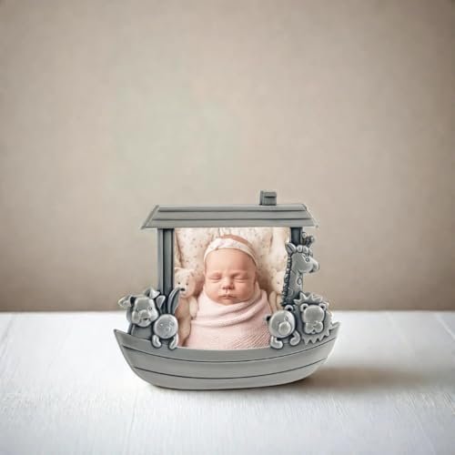 Noah's Ark Newborn Baby Photo Frame, 3"x3", Non-tarnish Brushed Pewter Finish, Gift Box Included