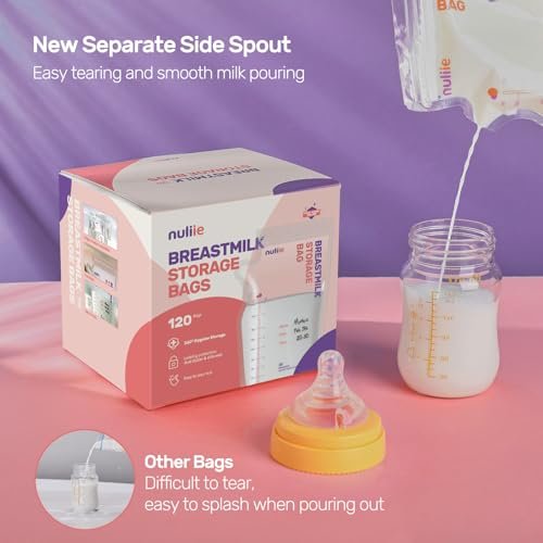 Nuliie 120 Pcs Breastmilk Storage Bags, 8 OZ Breast Milk Storing Bags, BPA-Free, Milk Storage Bags with Pour Spout for Breastfeeding, Self-Standing Bag, Space Saving Flat Profile