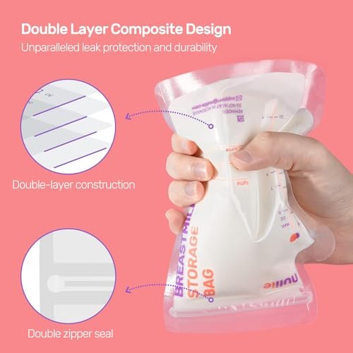 Nuliie 120 Pcs Breastmilk Storage Bags, 8 OZ Breast Milk Storing Bags, BPA-Free, Milk Storage Bags with Pour Spout for Breastfeeding, Self-Standing Bag, Space Saving Flat Profile