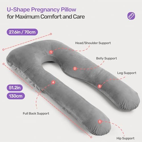 Nuliie Pregnancy Pillow for Sleeping, U Shaped Full Body Pillow Pregnancy Pillows, Maternity Pillow Support for Back, HIPS, Legs for Pregnant Women, with Washable Velvet Cover (Grey)