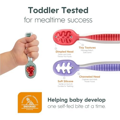 NumNum Baby Spoons Set, Baby Essentials Pre-Spoon GOOtensils for 6+ Months, First Stage Self-Feeding Spoons for Baby Led Weaning (BLW), Silicone Toddler Utensils, BPA-Free, 2 Pack Blue/Orange