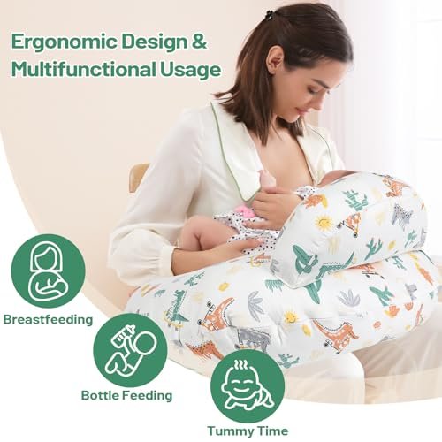 Nursing Pillow, Breastfeeding Pillows, More Support for Mom and Baby, with Removable Cotton Cover and Colorful Animal Patterns, Machine Washable, Plus Size, White