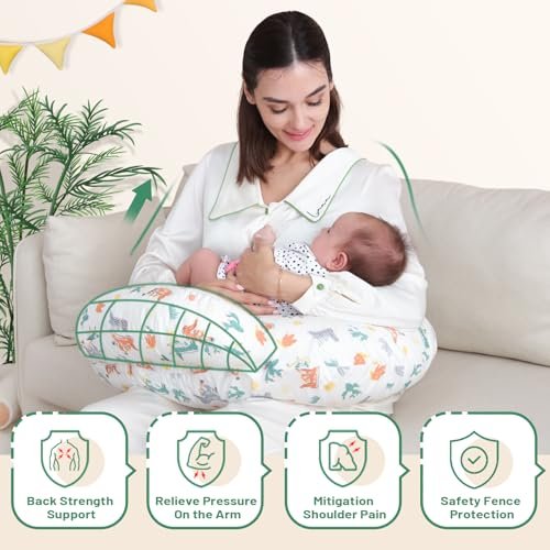 Nursing Pillow, Breastfeeding Pillows, More Support for Mom and Baby, with Removable Cotton Cover and Colorful Animal Patterns, Machine Washable, Plus Size, White