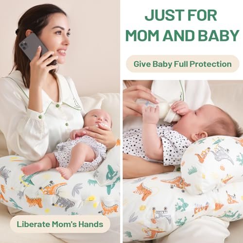 Nursing Pillow, Breastfeeding Pillows, More Support for Mom and Baby, with Removable Cotton Cover and Colorful Animal Patterns, Machine Washable, Plus Size, White