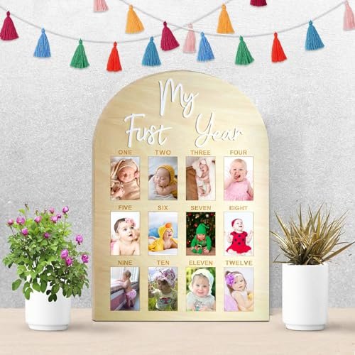 One Year Birthday Wooden Photo Board My First Year Milestone Photo Board 12 Monthly Picture Frame Baby First year Wood Acrylic Sign 1st Birthday Decorations Baby Keepsake Gift