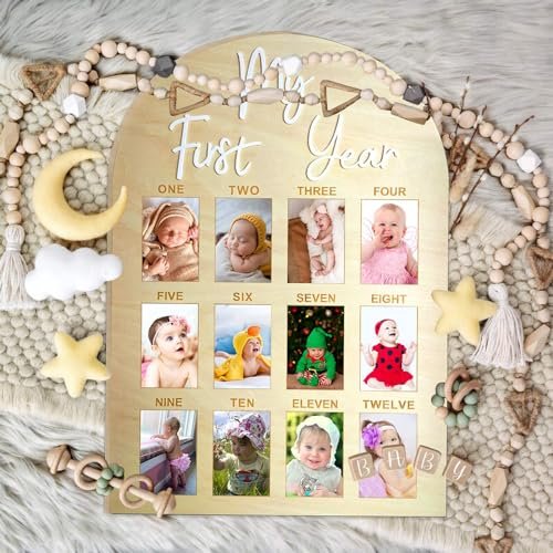 One Year Birthday Wooden Photo Board My First Year Milestone Photo Board 12 Monthly Picture Frame Baby First year Wood Acrylic Sign 1st Birthday Decorations Baby Keepsake Gift