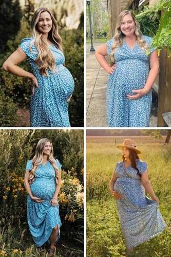 OUGES Maternity Maxi Dress Wrap V Neck Baby Shower Pregnancy Dresses for Photoshoot