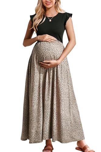 OUGES Women 2025 Spring Summer Dresses Maternity Sleeveless Ribbed Fashion Casual Outfits Maxi Dress with Pockets