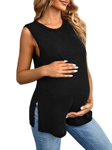 OYOANGLE Maternity Tank Top Summer Sleeveless Crewneck Pregnancy Shirts Side Split Pregnant Clothes
