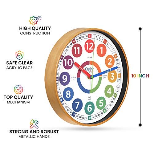 Oyster&Pop Learning Clock for Kids - Silent Telling The Time Teaching Clocks - Non-Ticking Kids Clocks for Bedrooms - Classroom Clocks for Teaching Time - Kids Learn to Tell Time Easily