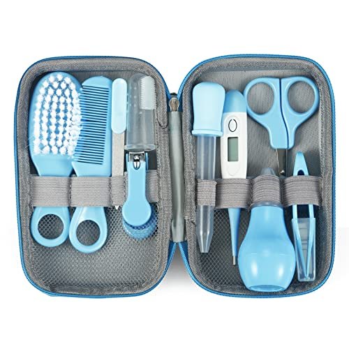 PandaEar Baby Healthcare & Grooming Kit - Baby Safety Set Comb, Brush, Finger Toothbrush, Nail Clippers, Scissors, Nasal Aspirator - Nursery Care Kit (Blue)