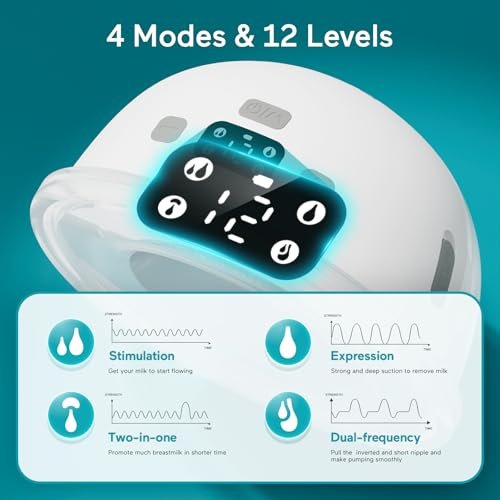Paruu Hands Free Breast Pump P16, Wearable Breast Pump Electirc Portable with 4 Modes & 12 Levels, Max 309mmHg Strong Suction 19/21/24mm Flange Inserts Wearable Breastfeeding Pump, 2 Pack White