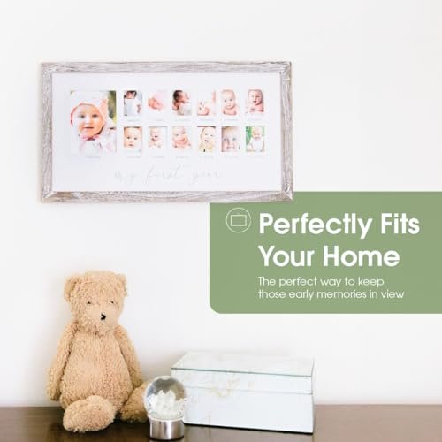Pearhead My First Year Picture Frame, Baby's First Twelve Months Photo Collage and Gender Neutral Keepsake, Ideal for Baby Shower, New Mom Gift and Nursery Decor, Distressed Wood